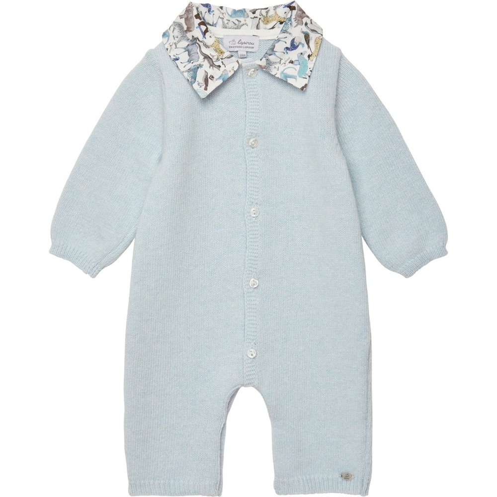 MAISONETTE Baby Blue Knit Romper with Patterned Collar - Trotters London NWT